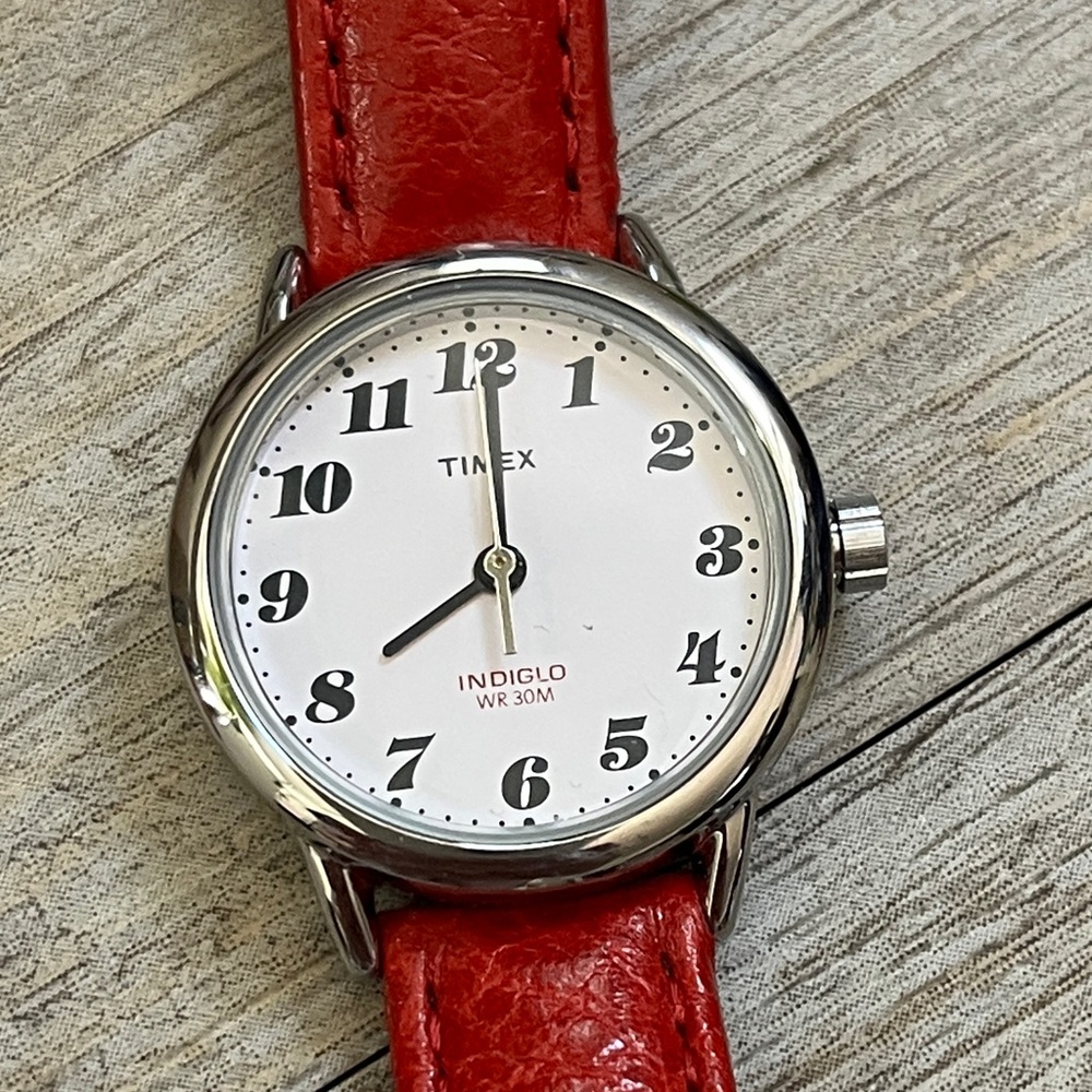 Women’s 25mm Timex Easy Reader INDIGLO Classic Silver Watch with Red Strap